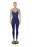 Women Summer Dark blue Casual Strap Sleeveless Striped Print Full Length Skinny Jumpsuit