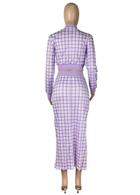 Women Spring Purple Modest O-Neck Full Sleeves High Waist Plaid Print Regular MidiTwo Piece Skirt Set