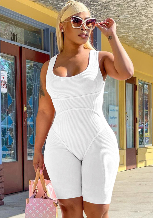 Women Summer White Sporty Strap Sleeveless Solid Knee-Length Skinny Ribbed Rompers