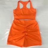 Women Summer Orange Strap Sleeveless High Waist Solid Tight Short Tracksuit