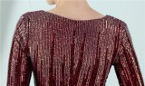 Women Spring Red Formal V-neck Full Sleeves Gradual change Sequined Mermaid Evening Dress