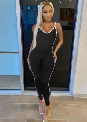 Women Summer Black Casual Strap Sleeveless Striped Print Full Length Skinny Jumpsuit