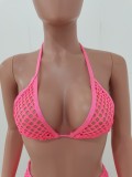 Women Pink Halter Plunge Neck Solid Hollow Out Three Piece Swimwear