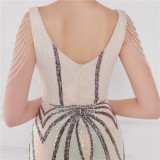 Women Summer Nude Romantic V-neck Short Sleeves Sequined Mermaid Fringed Evening Dress