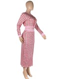 Women Spring Red Modest O-Neck Full Sleeves High Waist Plaid Print Regular MidiTwo Piece Skirt Set