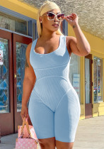 Women Summer Blue Sporty Strap Sleeveless Solid Knee-Length Skinny Ribbed Rompers
