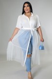 Women Summer White Streetwear Turn-down Collar Half Sleeves Patchwork Belted X-Long Plus Size Blouse