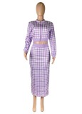 Women Spring Purple Modest O-Neck Full Sleeves High Waist Plaid Print Regular MidiTwo Piece Skirt Set