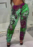 Women Spring Green Straight High Waist Elastic Waist Character Print Tassel Full Length Regular Pants