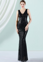 Women Summer Black Formal V-neck Sleeveless Patchwork Sequined Mermaid Evening Dress