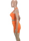 Women Summer Orange Strap Sleeveless High Waist Solid Tight Short Tracksuit