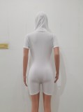 Women Summer White Casual Hooded Short Sleeves Solid Button Above Knee Regular Rompers