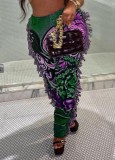 Women Spring Purple Straight High Waist Elastic Waist Character Print Tassel Full Length Regular Pants
