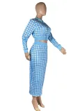 Women Spring Blue Modest O-Neck Full Sleeves High Waist Plaid Print Regular MidiTwo Piece Skirt Set