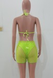 Women Green Halter Plunge Neck Solid Hollow Out Three Piece Swimwear