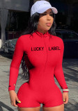 Women Summer Red Sporty Turtleneck Full Sleeves Letter Print Embroidery Above Knee Regular Rompers