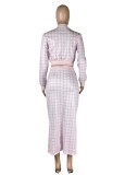 Women Spring Pink Modest O-Neck Full Sleeves High Waist Plaid Print Regular MidiTwo Piece Skirt Set