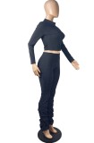 Women Spring Black Modest Turtleneck Full Sleeves High Waist Solid Pleated Regular Two Piece Pants Set