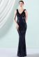 Women Summer Blue Formal V-neck Sleeveless Patchwork Sequined Mermaid Evening Dress