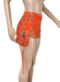 Women Summer Orange Straight High Waist Elastic Waist Printed Pockets Regular Hot Shorts