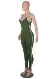 Women Summer Army Green Casual Strap Sleeveless Striped Print Full Length Skinny Jumpsuit