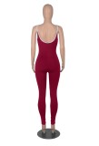 Women Summer Red Casual Strap Sleeveless Striped Print Full Length Skinny Jumpsuit
