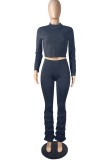 Women Spring Black Modest Turtleneck Full Sleeves High Waist Solid Pleated Regular Two Piece Pants Set