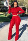 Women Spring Red Modest Turtleneck Full Sleeves High Waist Solid Pleated Regular Two Piece Pants Set