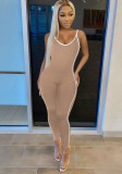 Women Summer Nude Casual Strap Sleeveless Striped Print Full Length Skinny Jumpsuit