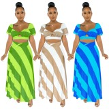 Women Summer Green Casual Short Sleeves High Waist Striped Print Hollow Out Loose MidiTwo Piece Skirt Set