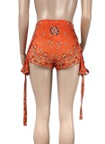 Women Summer Orange Straight High Waist Elastic Waist Printed Pockets Regular Hot Shorts