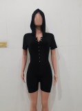 Women Summer Black Casual Hooded Short Sleeves Solid Button Above Knee Regular Rompers