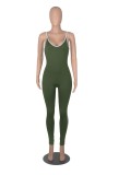 Women Summer Army Green Casual Strap Sleeveless Striped Print Full Length Skinny Jumpsuit