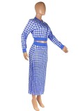 Women Spring Dark blue Modest O-Neck Full Sleeves High Waist Plaid Print Regular MidiTwo Piece Skirt Set
