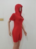 Women Summer Red Casual Hooded Short Sleeves Solid Button Above Knee Regular Rompers