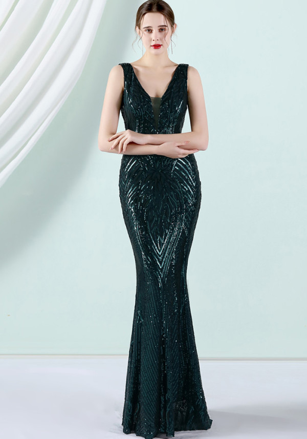 Women Summer Green Formal V-neck Sleeveless Patchwork Sequined Mermaid Evening Dress