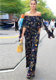 Women Summer Printed Modest Off-the-shoulder Half Sleeves Animal Print Pockets Full Length Regular Jumpsuit