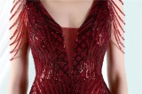Women Summer Burgunry Modest V-neck Sleeveless Patchwork Sequined Mermaid Fringed Evening Dress