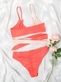 Women Orange Bikini Strap Color Blocking Two Piece Swimwear