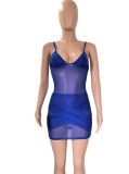 Women Summer Blue Sexy V-neck Sleeveless High Waist Solid Mesh Skinny MiniTwo Piece Skirt Set