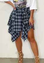 Women Summer Grey Streetwear High Waist Elastic Waist Plaid Print Belted Midi Asymmetrical Skirts