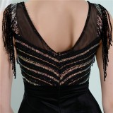 Women Summer Black Romantic O-Neck Sleeveless Patchwork Velvet Silt Fringed Evening Dress