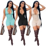 Women Summer Blue Casual O-Neck Sleeveless Solid Zippers Above Knee Skinny Ribbed Rompers
