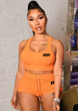 Women Summer Orange Strap Sleeveless High Waist Letter Print Belted Tight Short Tracksuit