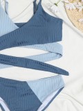 Women Blue Bikini Strap Color Blocking Two Piece Swimwear