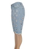 Women Summer Blue Straight High Waist Zipper Fly Solid Hollow Out Knee Length Regular Jeans Shorts