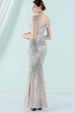 Women Summer Silver Modest V-neck Sleeveless Patchwork Sequined Mermaid Fringed Evening Dress