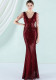 Women Summer Burgunry Modest V-neck Sleeveless Patchwork Sequined Mermaid Fringed Evening Dress