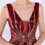 Women Summer Burgunry Formal V-neck Sleeveless Patchwork Sequined Mermaid Evening Dress