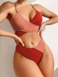Women Red Bikini Strap Color Blocking Two Piece Swimwear